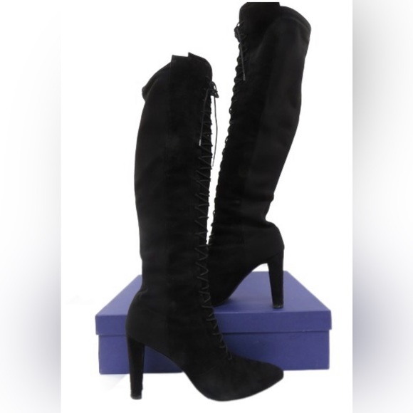Stuart Weitzman Highstrung Suede Black Boots Stretch Knee Thigh Hi Lace Up Sz 10 - Picture 2 of 11